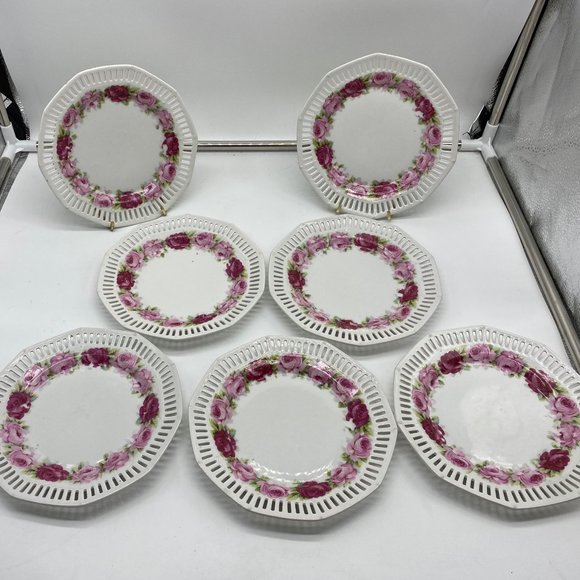 1930 Schumann-Bavaria Rose Decorated Reticulated Dessert Plates- Set of 7